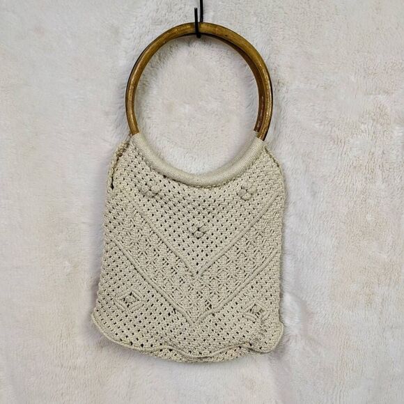 Macrame Bag  Natural Crochet Woven Handbag Wood Ring Purse Boho Hand Made - Picture 1 of 9